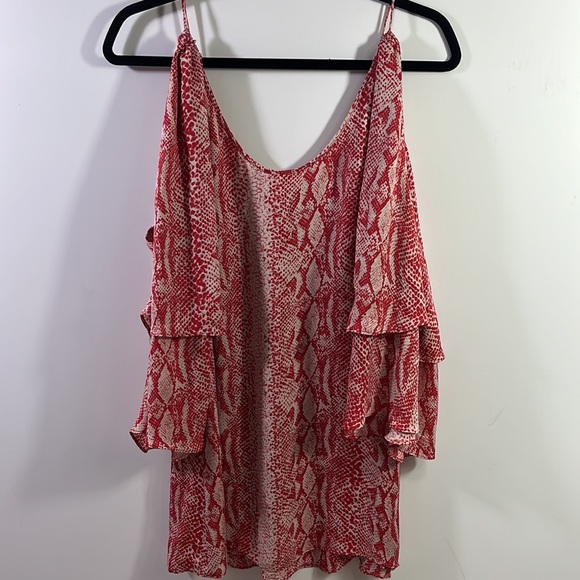 🆕Parker>Silk cold shoulder tiered sleeve mini dress red snakeskin print NWOT - Picture 4 of 5